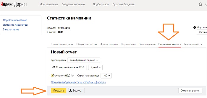 Список минус слов Яндекс Директ в отчете по запросам